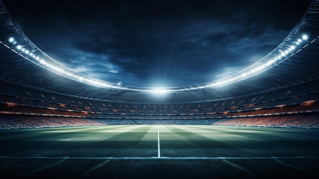 Abendbeleuchtung und helle Lichter in einem Stadion mit einem Fußballfeld.