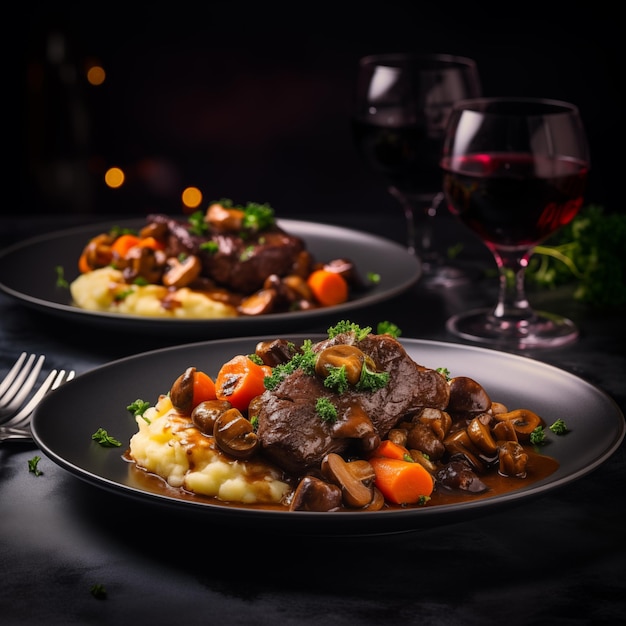 Abendessen für zwei mit Rindfleisch Bourguignon und Kartoffelpüree und Rotwein auf dem dunklen Tisch