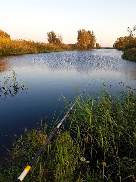 Foto abendlandschaft am fluss und angelrute