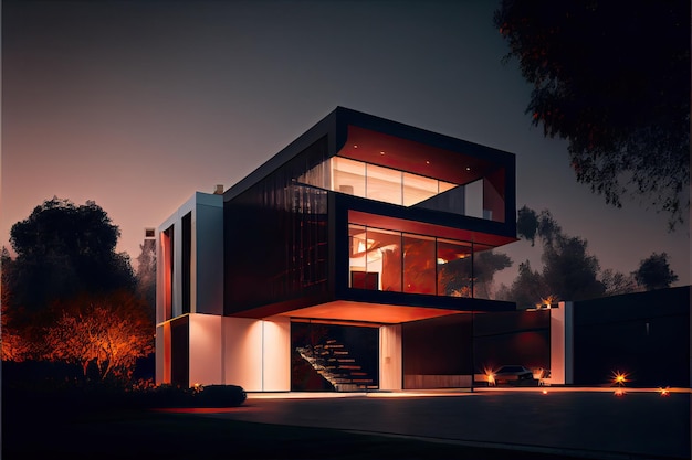 Abendlicher Blick auf ein luxuriöses, modernes Haus
