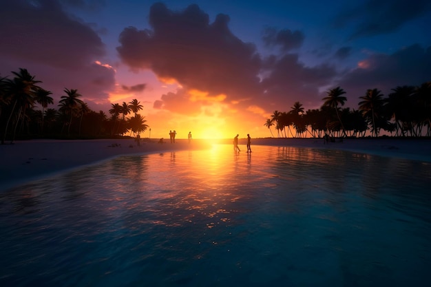 Abendlicher Strand mit Sonnenuntergang, einer Lagune und Menschen, die einen Spaziergang am Meer genießen