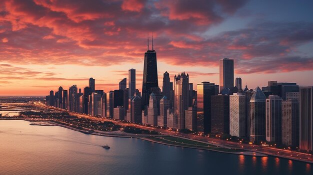 Abendlicht auf der Skyline von Chicago