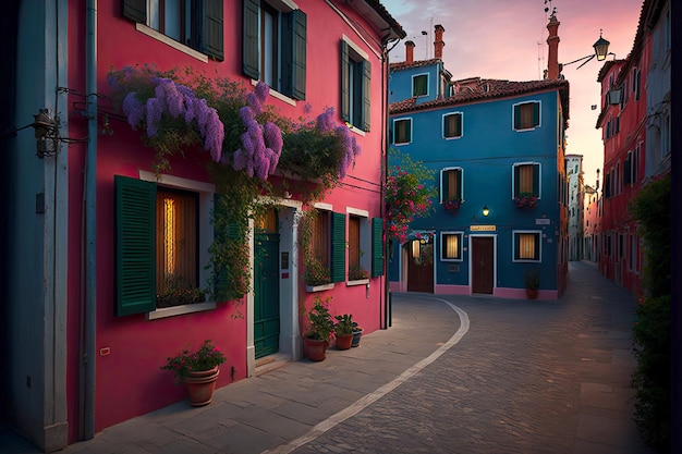 Abends malerische kleine Häuser in der Burano-Straße