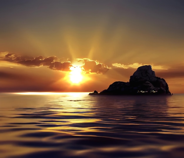 Abendsonnenuntergang am Meer bewölkter Himmel und Sonnenuntergang goldorange Wasserwelle tropischer Hintergrund