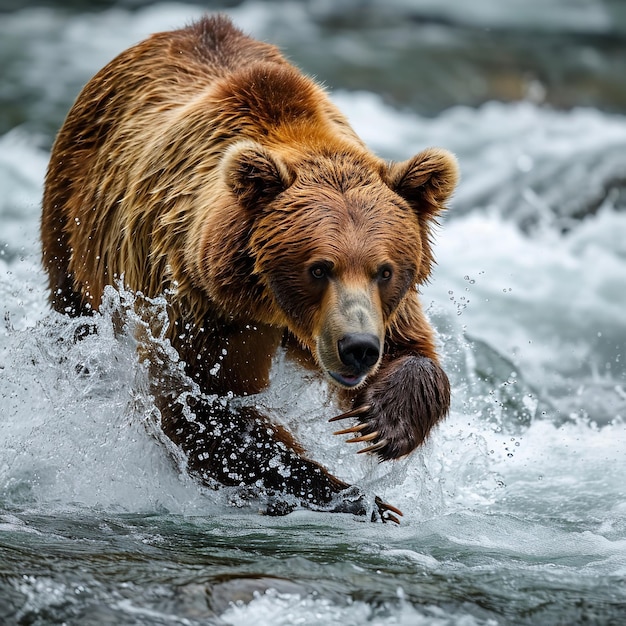 Abenteuer Alaskaser Braunbär fängt Lachs in seinem Maul Ai generativ