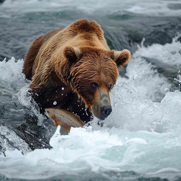 Abenteuer Alaskaser Braunbär fängt Lachs in seinem Maul Ai generativ
