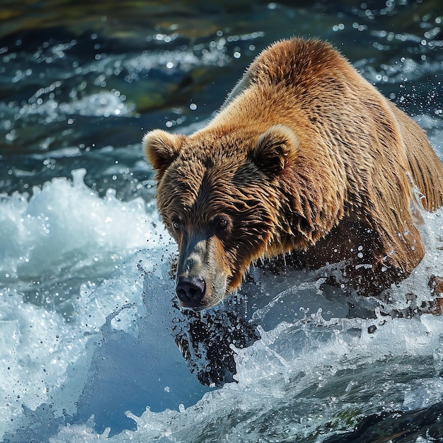 Abenteuer Alaskaser Braunbär fängt Lachs in seinem Maul Ai generativ