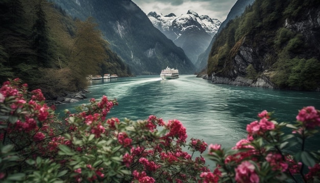 Abenteuer auf einem ruhigen Berggipfel mit nautischem Schiffstransport, der durch künstliche Intelligenz generiert wird