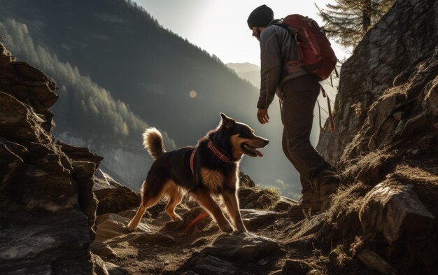 Abenteuer auf einem schroffen Bergpfad mit Hund und Besitzer