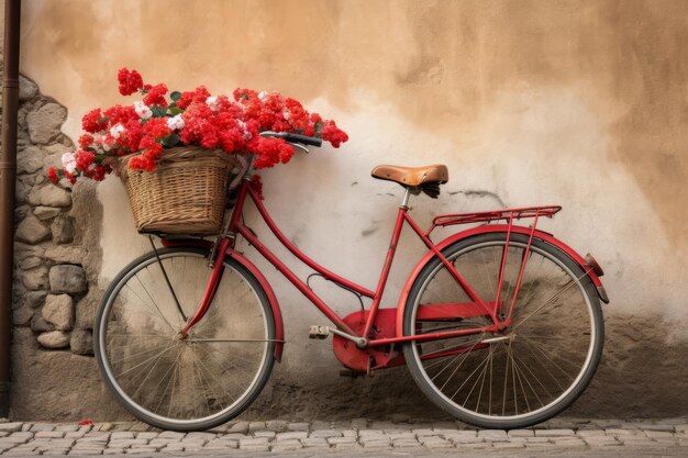 Abenteuer Blühen Ein zartes rotes Fahrrad inmitten eines künstlerischen Wanddekors