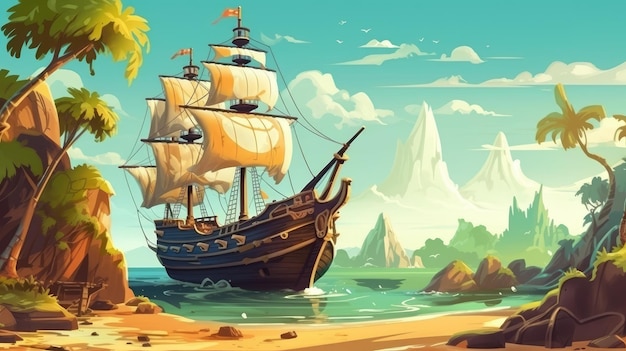 Abenteuer erwartet Piratenschiff auf einer tropischen Insel