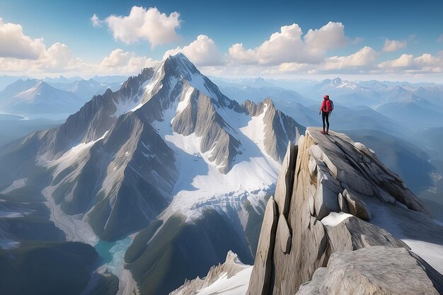 Abenteuer Frau auf der Spitze der Rocky Mountain Cliff Luft-Kanadische Berglandschaft aus British Columbia im Hintergrund 3d Rendering Peak