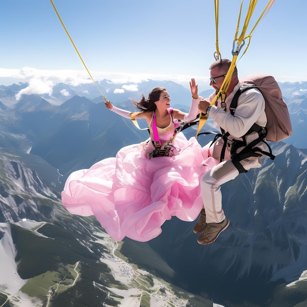 Abenteuer im österreichischen Himmel Barbie und Ken schweben mit Fallschirmen, festgehalten in einem Rohfoto