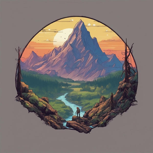 Abenteuer-T-Shirt-Logo Grafikdesign Szenisches mehrfarbiges Berg im Hintergrund Abenteuer