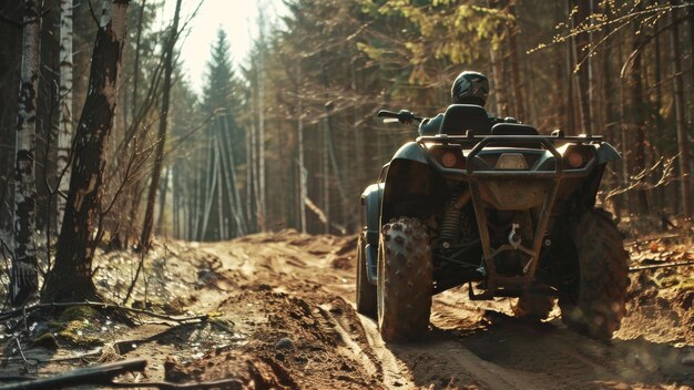 Foto abenteuerliche fahrt auf einem atv durch einen sonnigen waldweg