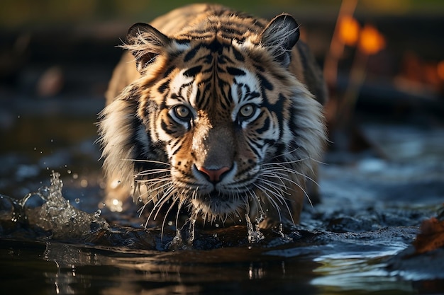 Abenteuerlicher Amur-Tiger planscht im sibirischen Wasser. Generative KI