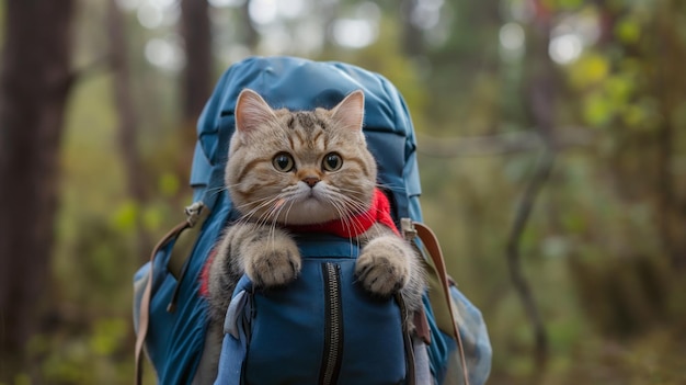 Abenteuerlustige Katze, gekleidet in Reisegüter und einen Rucksack, erkundet Naturwunder, die Neugier und Wanderlust auf ihrer Reise durch malerische Landschaften verkörpern