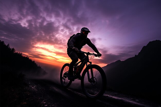 Abenteuerlustige Motorradfahrer fahren auf Bergpfaden unter dem Abendhimmel.