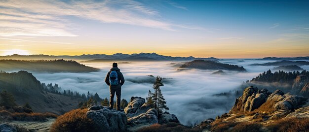 Abenteuerlustige Person auf einem Felsen, die auf eine neblige Landschaft starrt