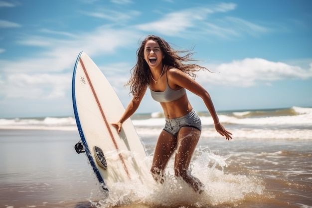 Abenteuerlustige Surferin, die im Sommer Spaß am Strand hat