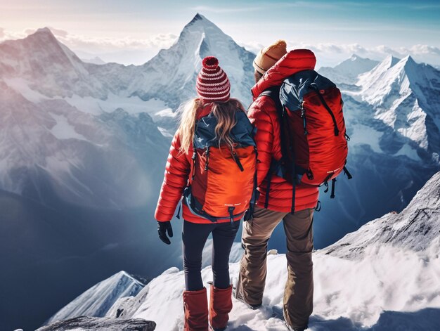 Abenteuerlustige Wanderer erkunden die majestätische Berglandschaft mit Rucksäcken mit generativer KI