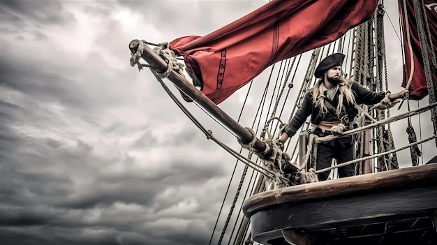 Abenteuerlustiger Pirat, der ein zerfetztes rotes Kopftuch und eine Augenklappe trägt und auf dem Bug eines verwitterten Holzschiffs steht. Generative KI