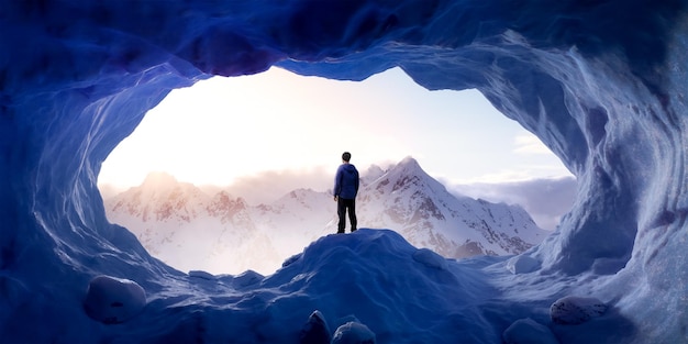 Abenteuerlustiger Wanderer, der in einer Eishöhle mit felsigen Bergen im Hintergrund steht