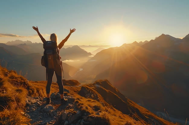 Abenteuerlustiger Wanderer feiert den Sonnenuntergang auf einer malerischen Bergkette Erlebt Naturen Majestät Perfekt für Reisen und Inspiration Themen KI