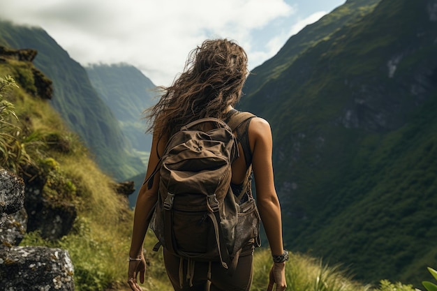 Abenteuerlustiges sportliches Mädchen beim Wandern in den Bergen. Generative KI