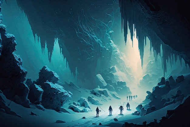 Abenteurer erkunden eine riesige gefrorene Höhle mit eisigen Stalaktiten und Stalagmiten, die komplizierte Pas bilden