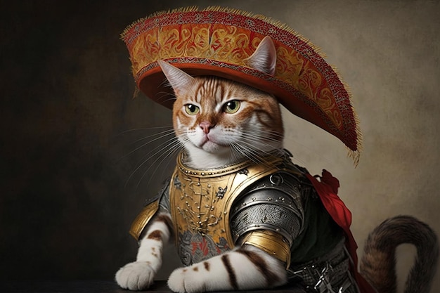 Abenteurer Konquistador Eroberer Spanisch als Katze berühmte historische Charakterporträtillustration generative ai