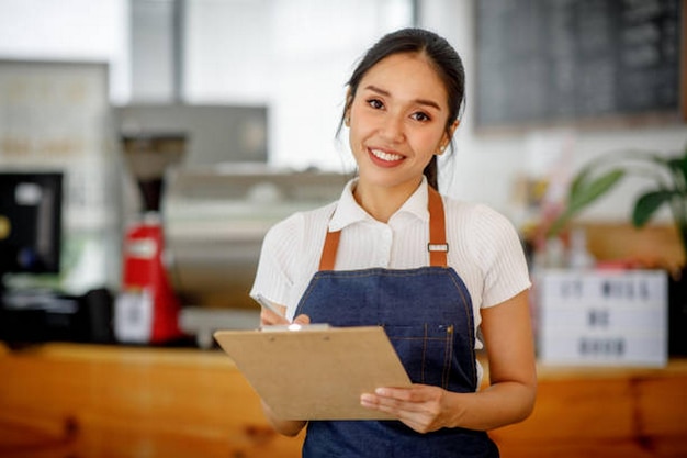 Abertura de uma pequena empresa Uma mulher asiática feliz de avental de pé perto de uma cafeteria de balcão Pequeno empresário restaurante barista café Empreendedor e vendedor de PME on-line