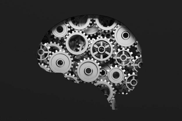 Abertura en forma de cerebro en una pared negra con engranajes de acero en su interior. Concepto de pensamiento creativo y búsqueda de solución. representación 3d