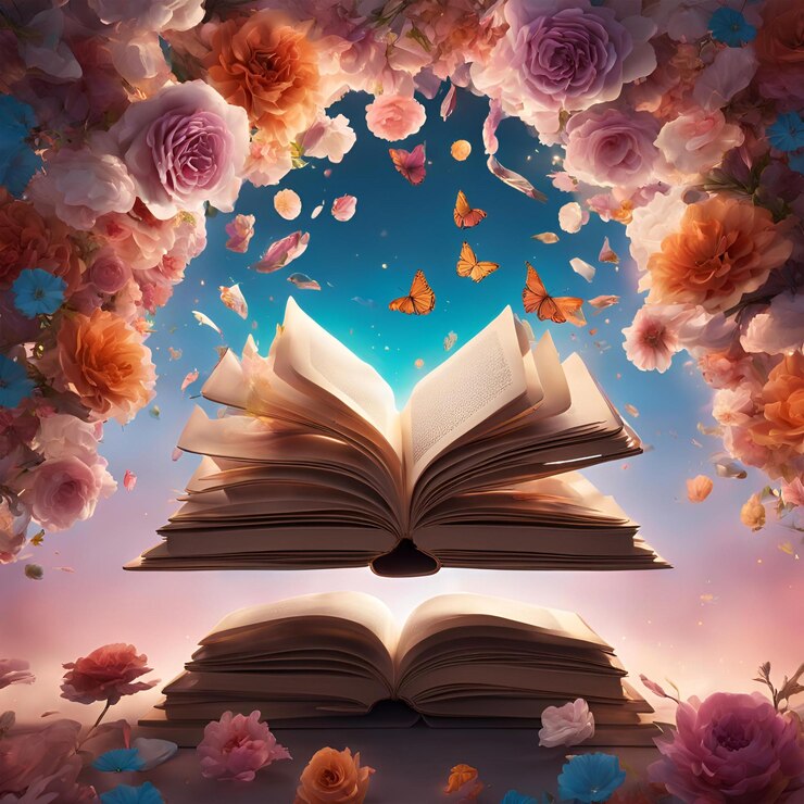 Abertura de libros en 3D con flores en el aire Libros y flores de fondo