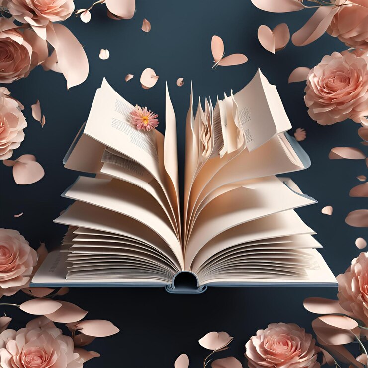 Abertura de libros en 3D con flores en el aire Libros y flores de fondo