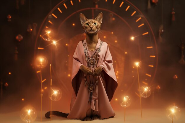 Abessinische Rasse Katze mit Robe sitzt auf orangefarbenem Hintergrund mit bokeh magischen Symbolen