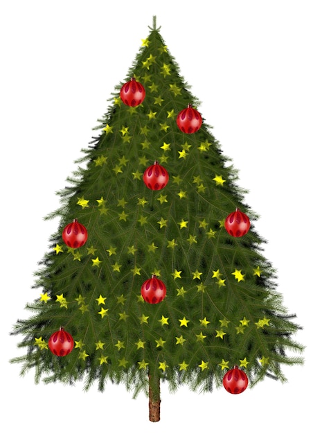 Abeto con bolas y estrellas aislado