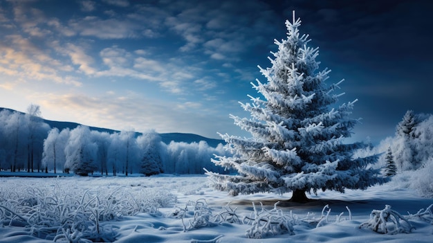 Abeto en el bosque de invierno cubierto de nieve fresca en el helado día de Navidad Hermoso paisaje invernal