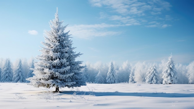 Abeto en el bosque de invierno cubierto de nieve fresca en el helado día de Navidad Hermoso paisaje invernal