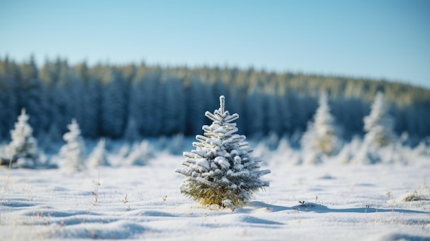 Abeto na floresta de inverno cobriu neve fresca no dia de Natal gelado Linda paisagem de inverno