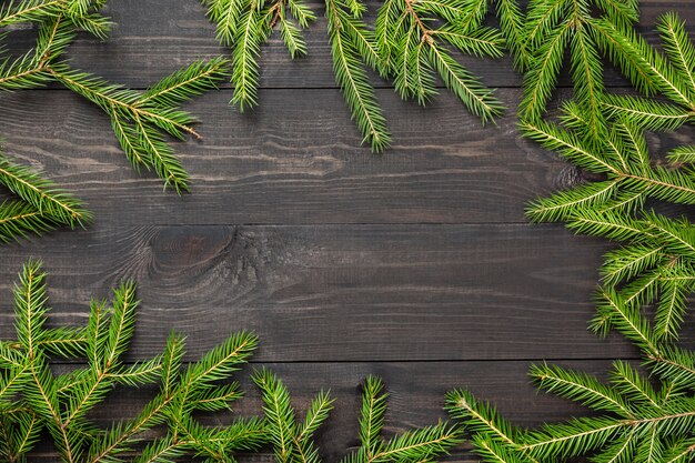 Abeto de Navidad en una tabla de madera oscura.