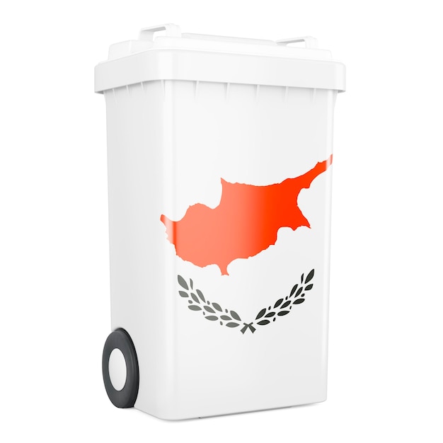 Abfallcontainer mit 3D-Rendering der zypriotischen Flagge auf weißem Hintergrund