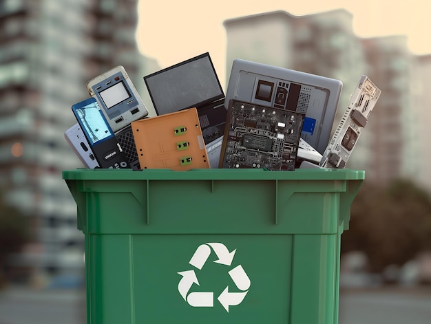 Abfallkorb voller Elektronik e Abfall- und Recyclingkonzept