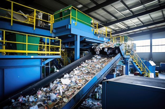 Abfallsortieranlage Viele verschiedene Beförderer und Behälter Beförderern, die mit verschiedenen Haushaltsabfällen gefüllt sind Entsorgung und Recycling Abfallverarbeitungsanlage