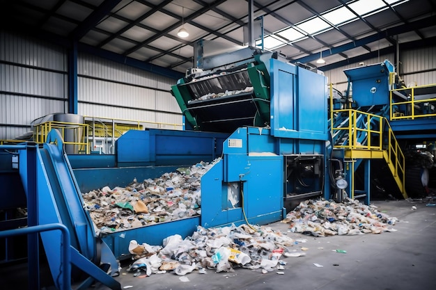 Abfallsortieranlage Viele verschiedene Förderbänder und Behälterförderer, gefüllt mit verschiedenen Haushaltsabfällen. Abfallentsorgung und Recycling. Abfallverarbeitungsanlage