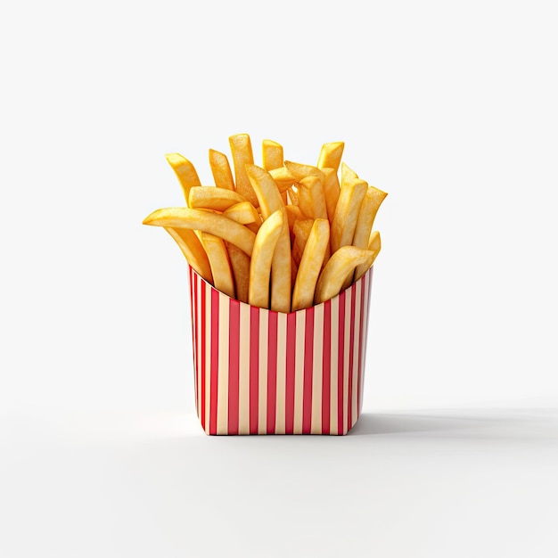 Abgebildet ist ein rot-weiß gestreifter Behälter mit Pommes Frites.