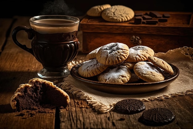 Abgebildet sind einige frisch gebackene kolumbianische Kekse und eine Tasse starken Kaffee