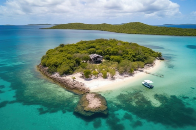 Abgelegene Insel mit Privatstrand, umgeben von kristallklarem Wasser, geschaffen mit generativer Ai