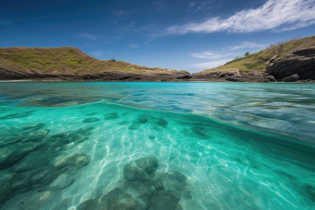 Abgelegener Inselstrand mit kristallklarem Wasser und türkisfarbenen Wellen, erzeugt mit generativer KI