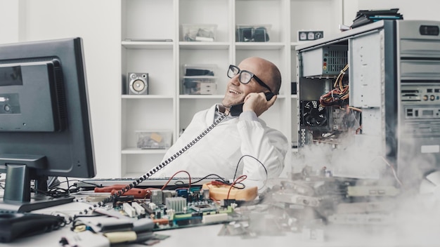 Foto abgelenkter techniker in der reparaturwerkstatt